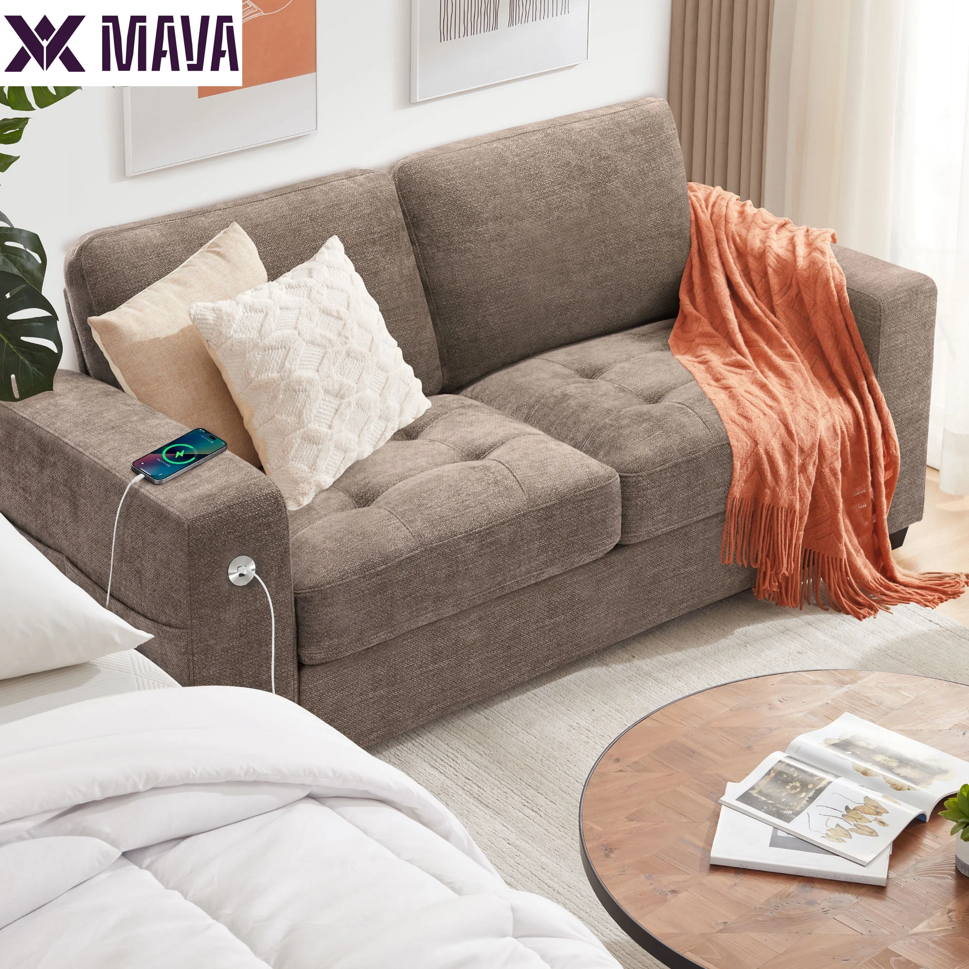 MAVA 89'' Comfy Sofa Couch for Living Room, Modern Deep Seat Couch with Wide Armrest, Removable Cover, Chenille Fabric Couches for Small Space, Apartment, 3 Seater(Beige)