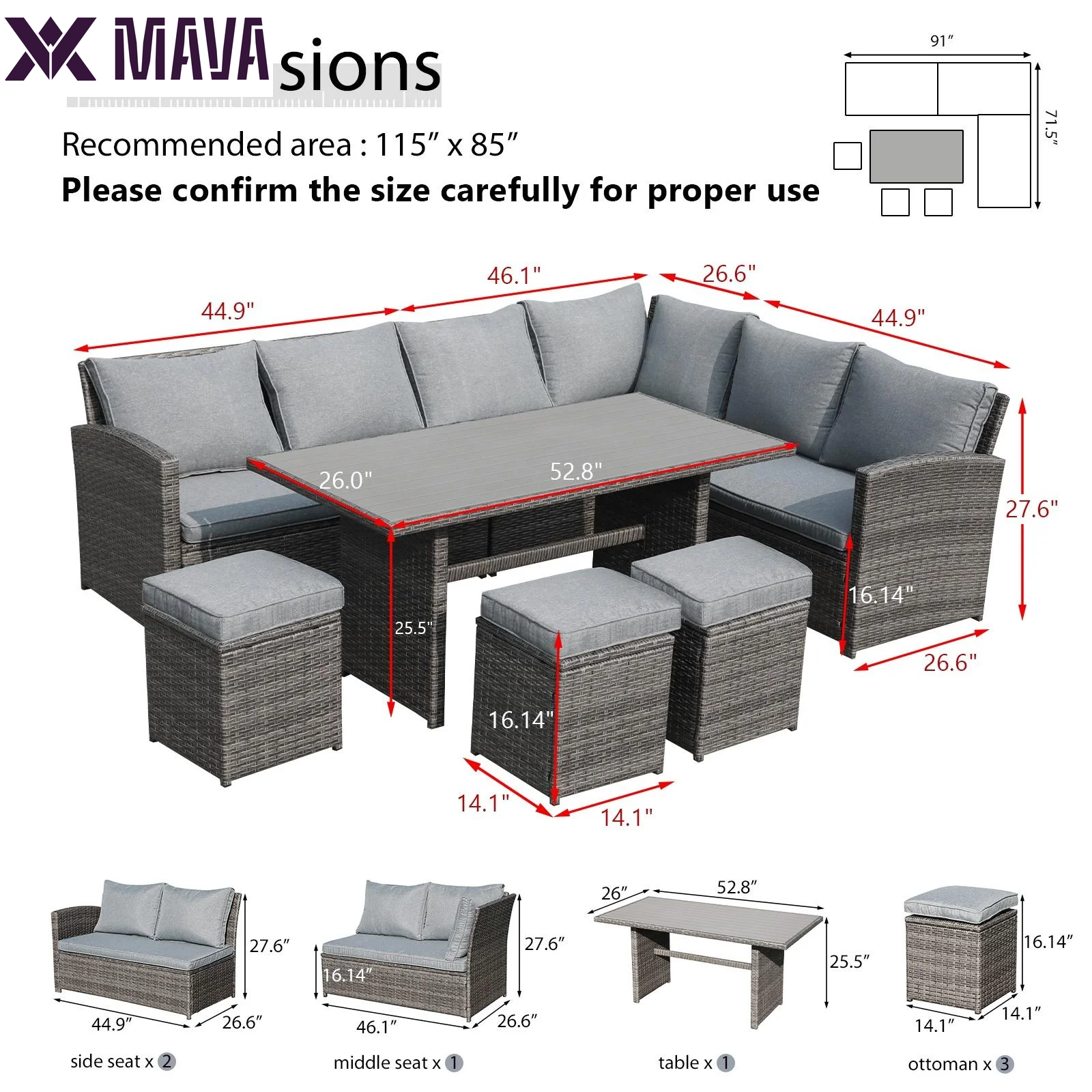 MAVA 7 Pieces PE Rattan Wicker Dining 9 Sofa Set, Outdoor Patio Furniture, Gray