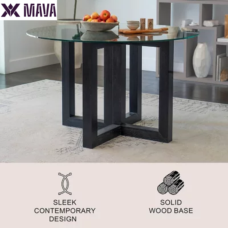 MAVA Glass Top Dining Table with Wood Base