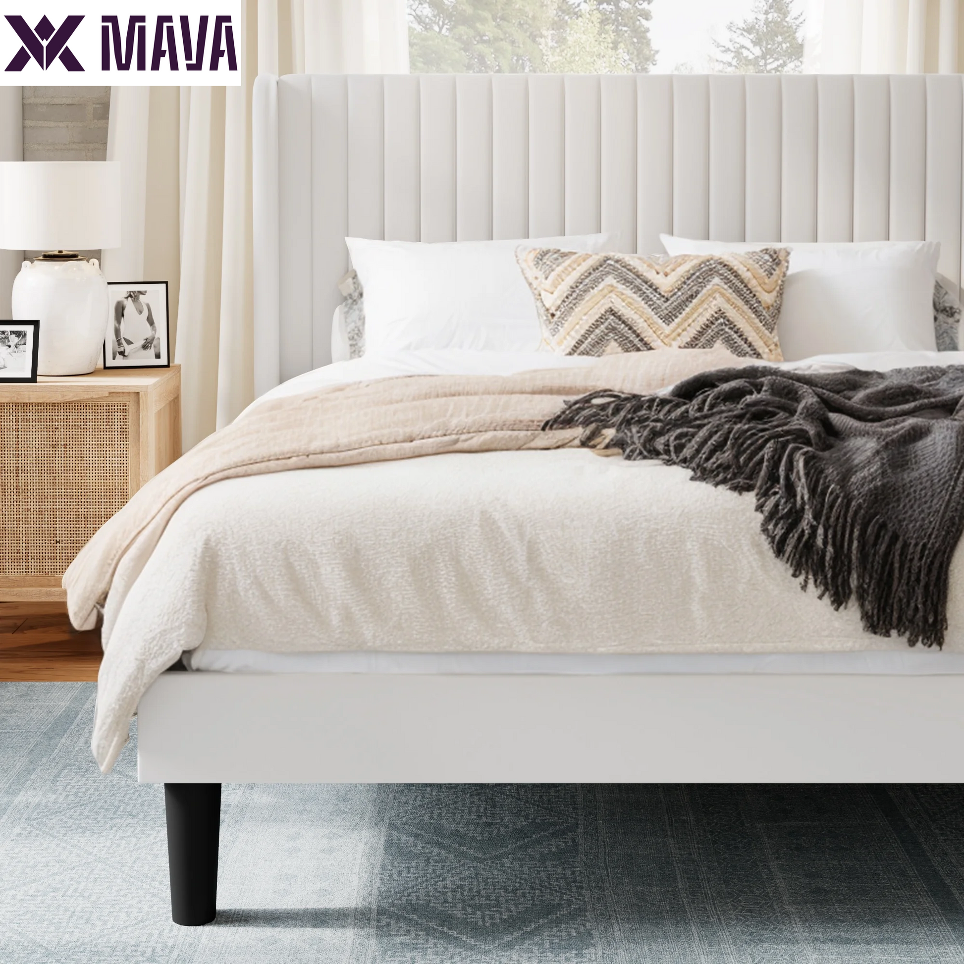 MAVA Queen Size Upholstered Platform Bed Frame with Velvet Channel Wingback Headboard, off White