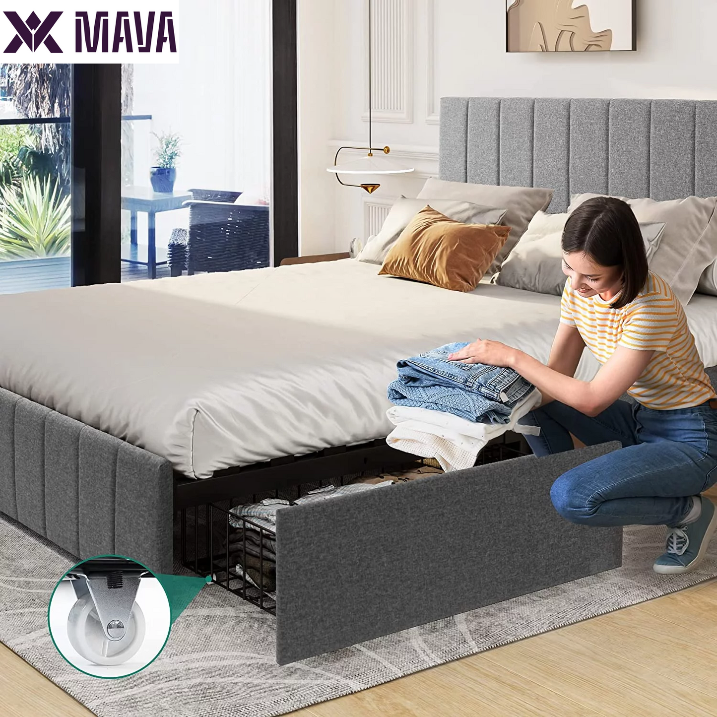 MAVA Upholstered Platform Bed Frame with 4 Storage Drawers and Adjustable Headboard, Mattress Foundation with Sturdy Wood Slat Support, No Box Spring Needed, Grey(Queen)