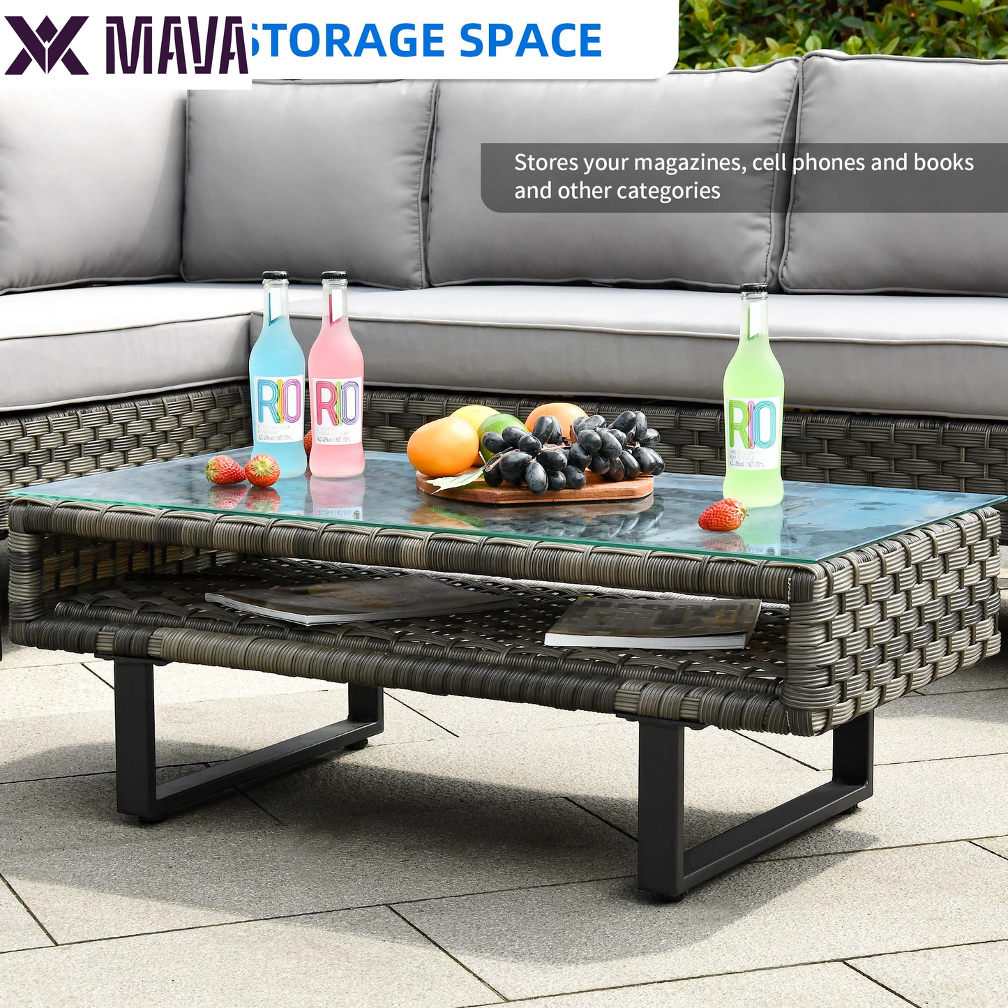 MAVA 4 Pieces Patio Furniture Set, All Weather Outdoor PE Rattan Sectional L-Shaped Wicker Conversation Sofa Chair with Coffee Table & Grey Cushions