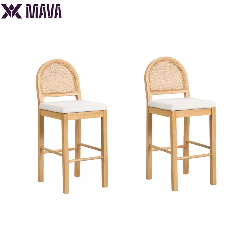 MAVA 19 In. Light Brown Natural Woven Rattan Back and Solid Wood, Legs Dining Chair with Padded Seat