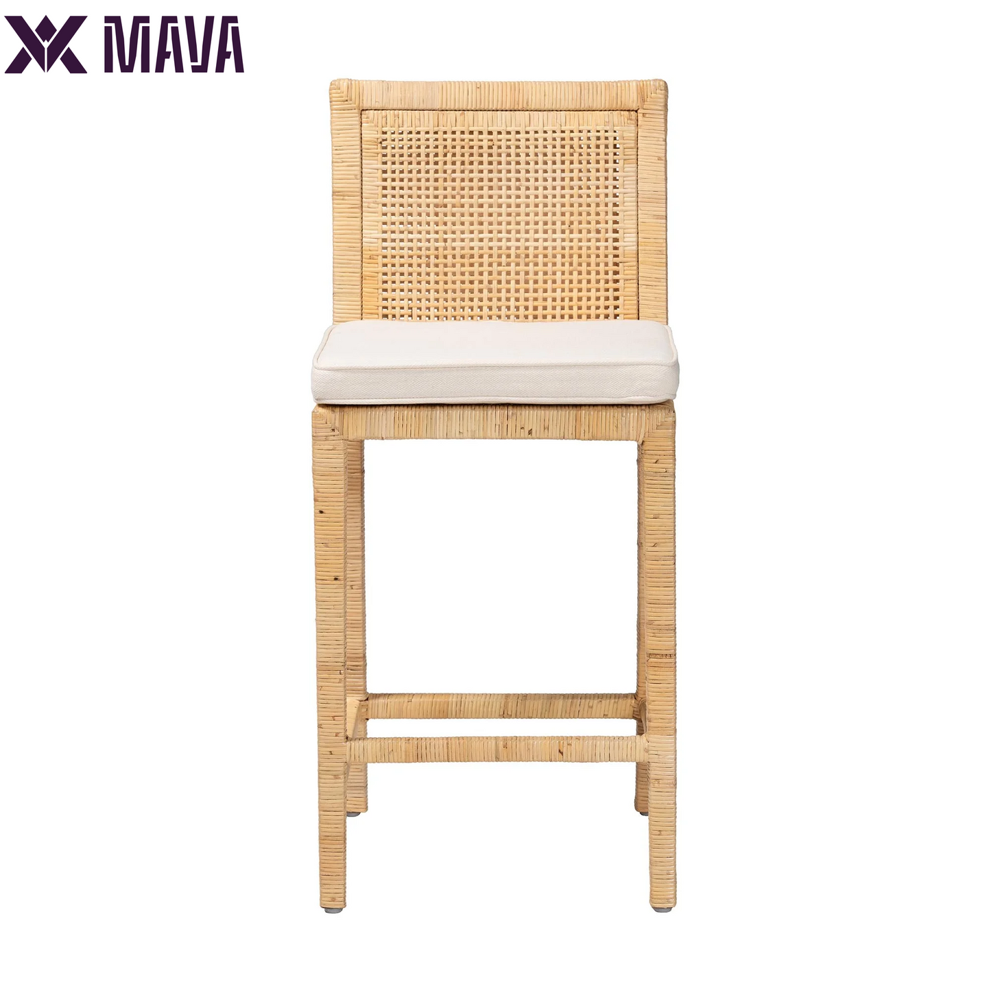 MAVA Sofia Rattan and Mahogany Wood BOHO Counter Stool, Natural