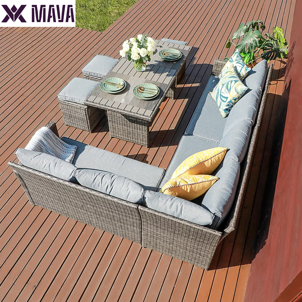 MAVA 7 Pieces PE Rattan Wicker Dining 9 Sofa Set, Outdoor Patio Furniture, Gray