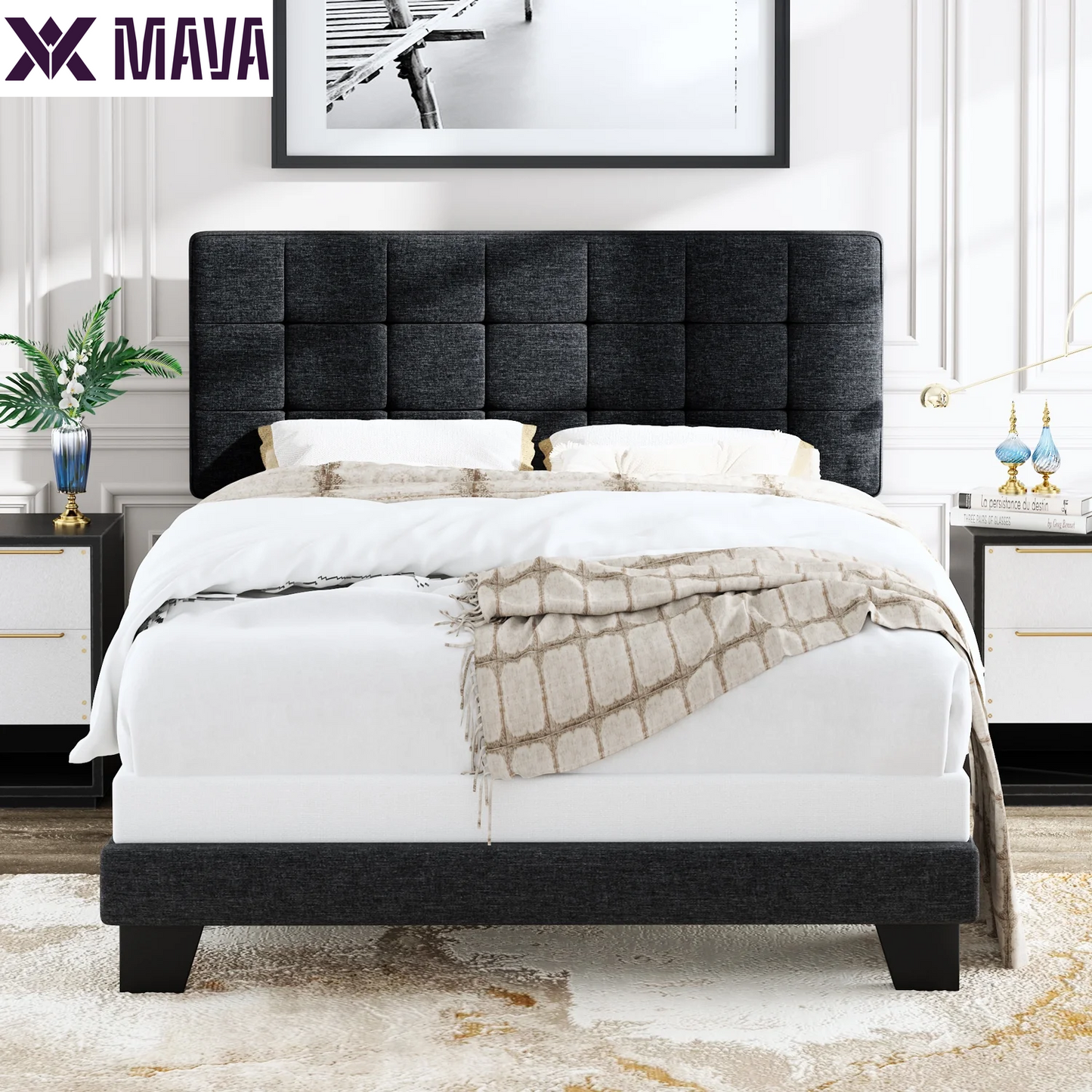 MAVA Queen Size Panel Platform Bed Frame with Adjustable High Upholstered Headboard, Grey