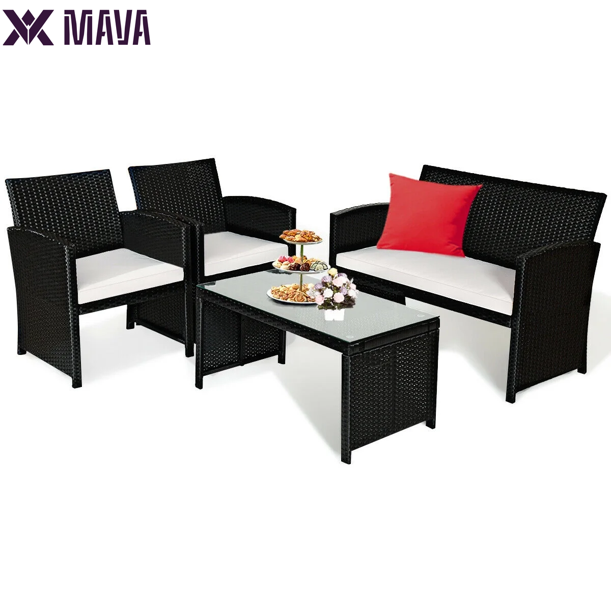 MAVA 4PCS Patio Rattan Furniture Conversation Set Cushioned Sofa Table Garden Black