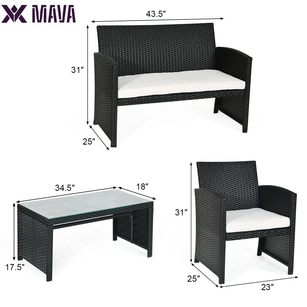 MAVA 4PCS Patio Rattan Furniture Conversation Set Cushioned Sofa Table Garden Black