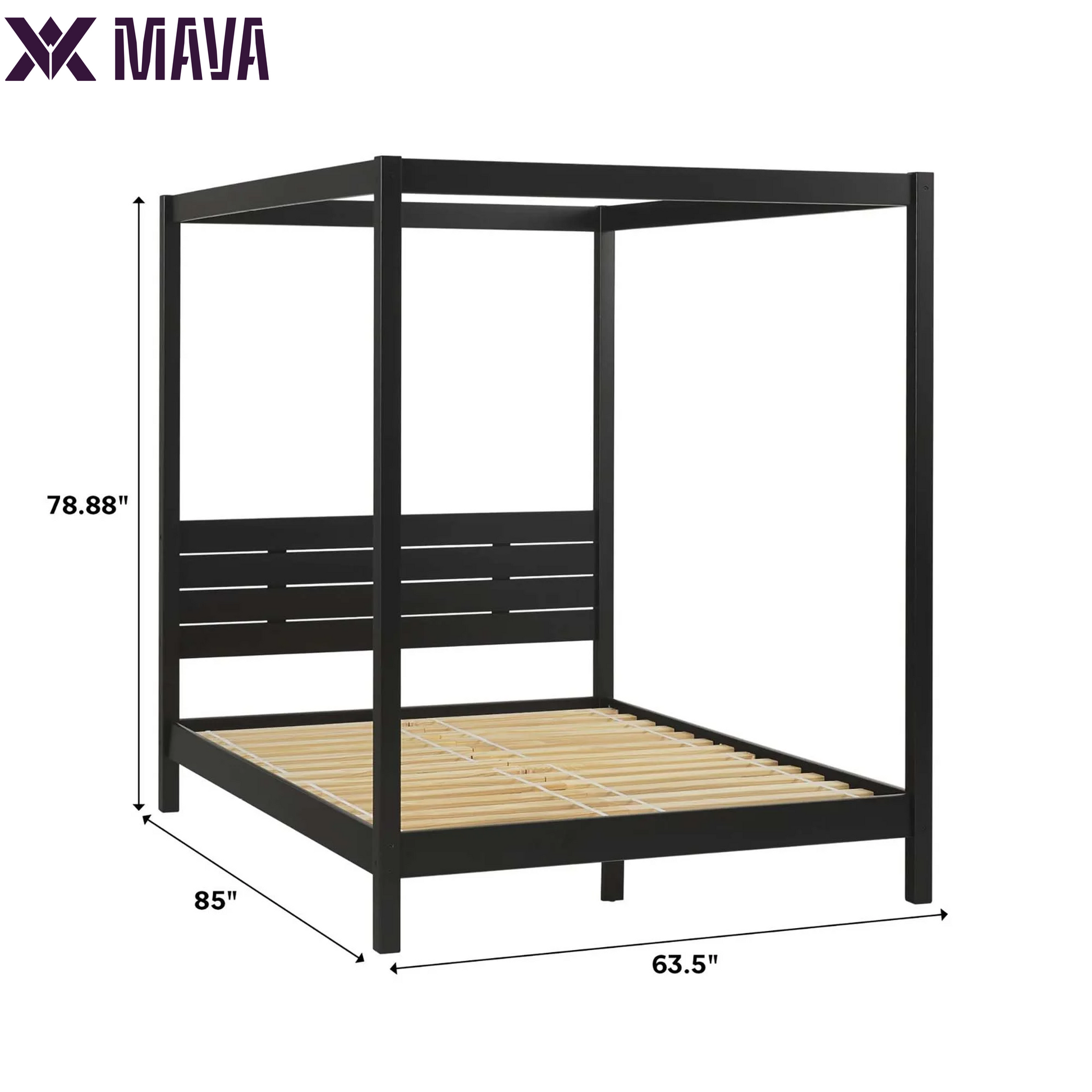 MAVA Minimalist Slatted Wood Queen Canopy Bedframe, Black