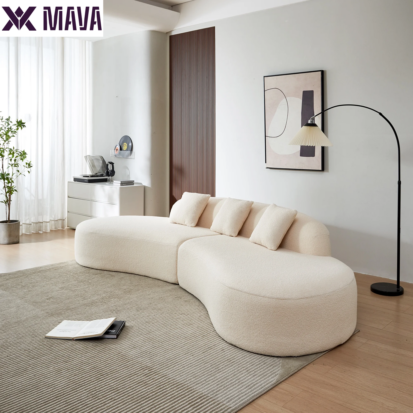 MAVA 119'' Curved Sofa Couch, Modern Half Moon Living Room Sofa, Luxury Sectional Sofa Couch with High-Density Foam Filled, Comfy Sherpa Lamb Fabric Sectional Sofa for Apartment, Office, Beige