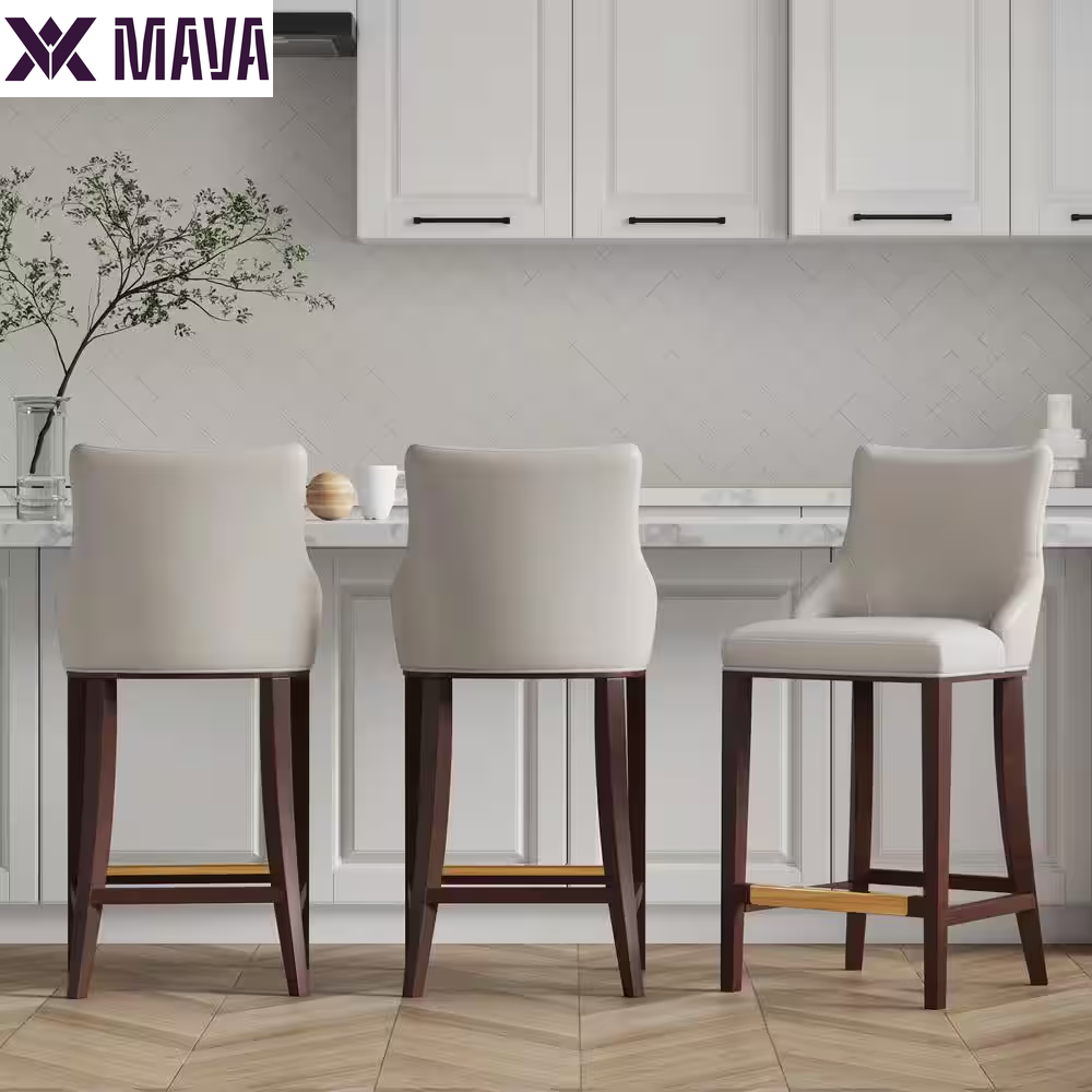 MAVA 29.13 In. Light Grey Beech Wood Bar Stool with Leatherette Upholstered Seat (Set of 3)