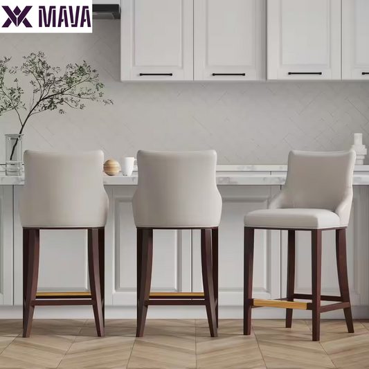 MAVA 29.13 In. Light Grey Beech Wood Bar Stool with Leatherette Upholstered Seat (Set of 3)