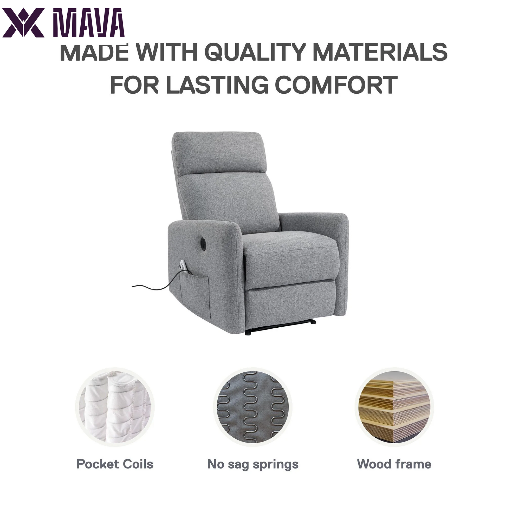 MAVA Power Recliner Chair with 8 Zone Massage and Lumbar Heat, Dark Gray Linen