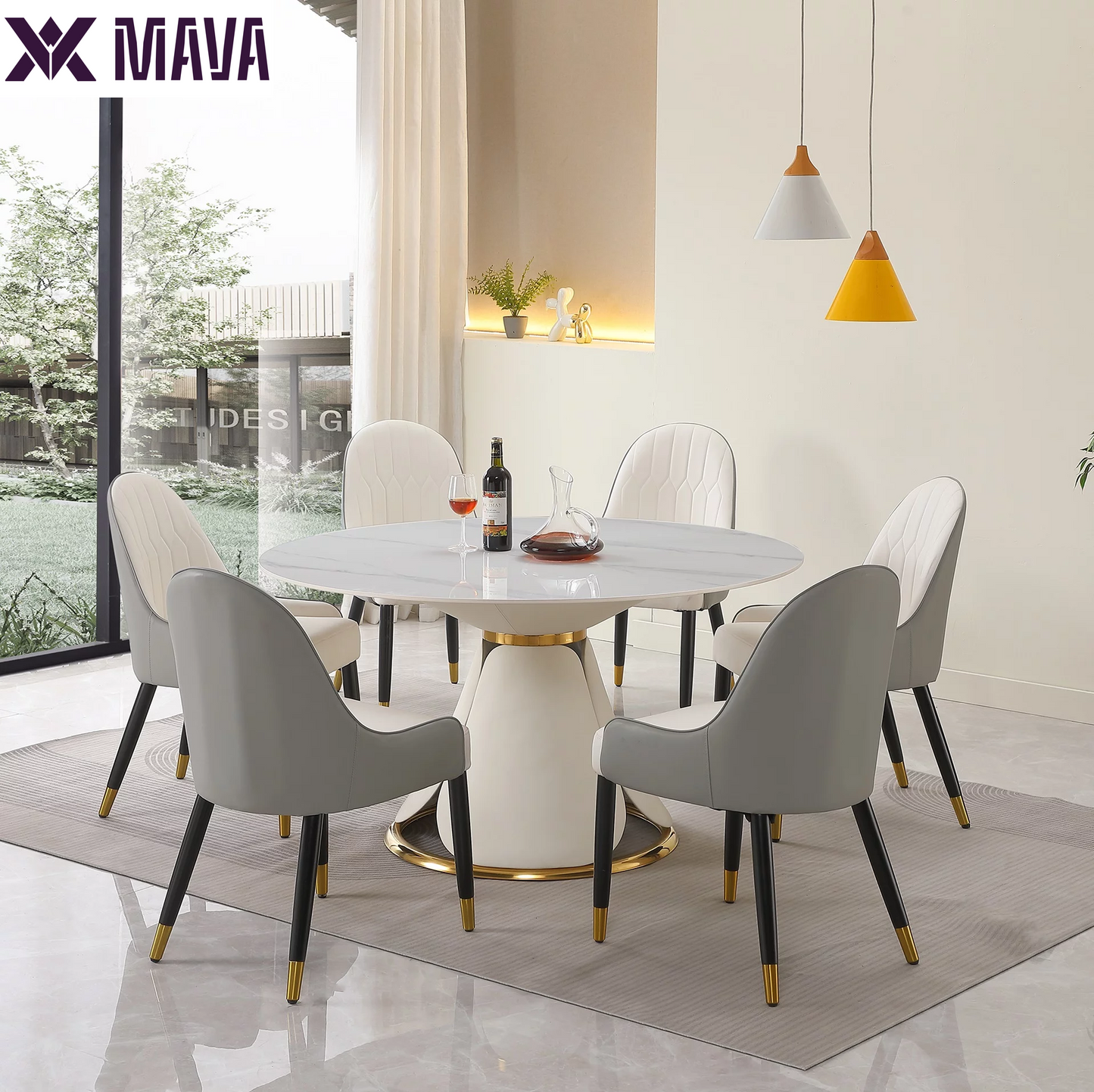 MAVA 59”  Sintered Stone round Kitchen Dining Table Set with 31.5” round Turntable for 6 People with Stainless Steel Base with 6 Chairs