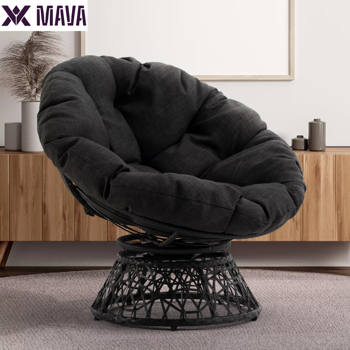 MAVA 360 Swivel Comfy Papasan Chair with Fabric Cushion, Pure Pearl - White Frame