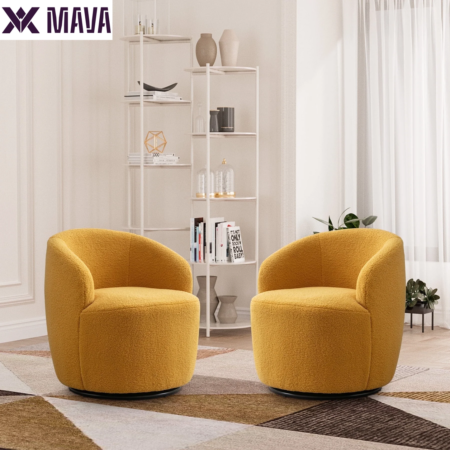 MAVA Swivel Barrel Chair Set of 2, Upholstered Boucle Swivel Accent Chair, Comfy Sherpa Swivel Lounge Chair, Modern 360 Swivel Arm Chair Reading Chair for Living Room Bedroom Club, Ivory Chenille