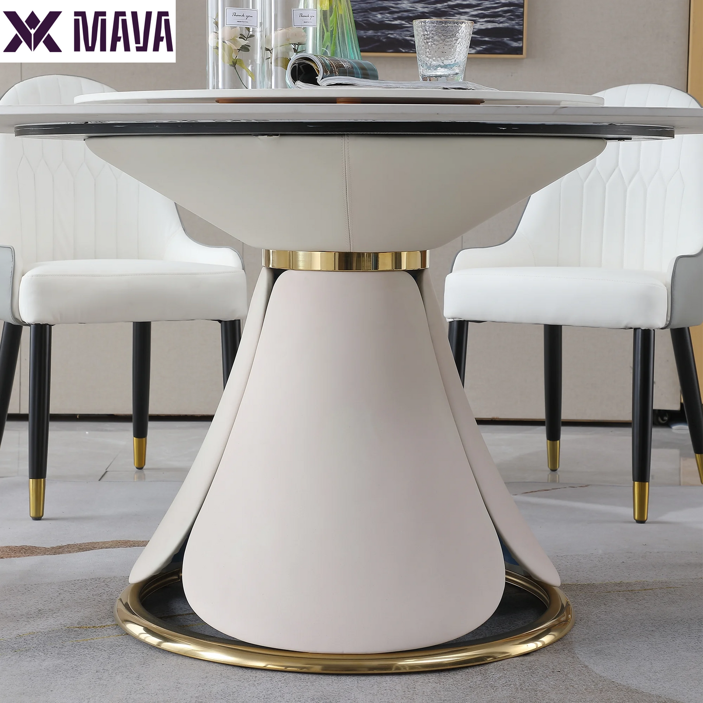 MAVA 59”  Sintered Stone round Kitchen Dining Table Set with 31.5” round Turntable for 6 People with Stainless Steel Base with 6 Chairs