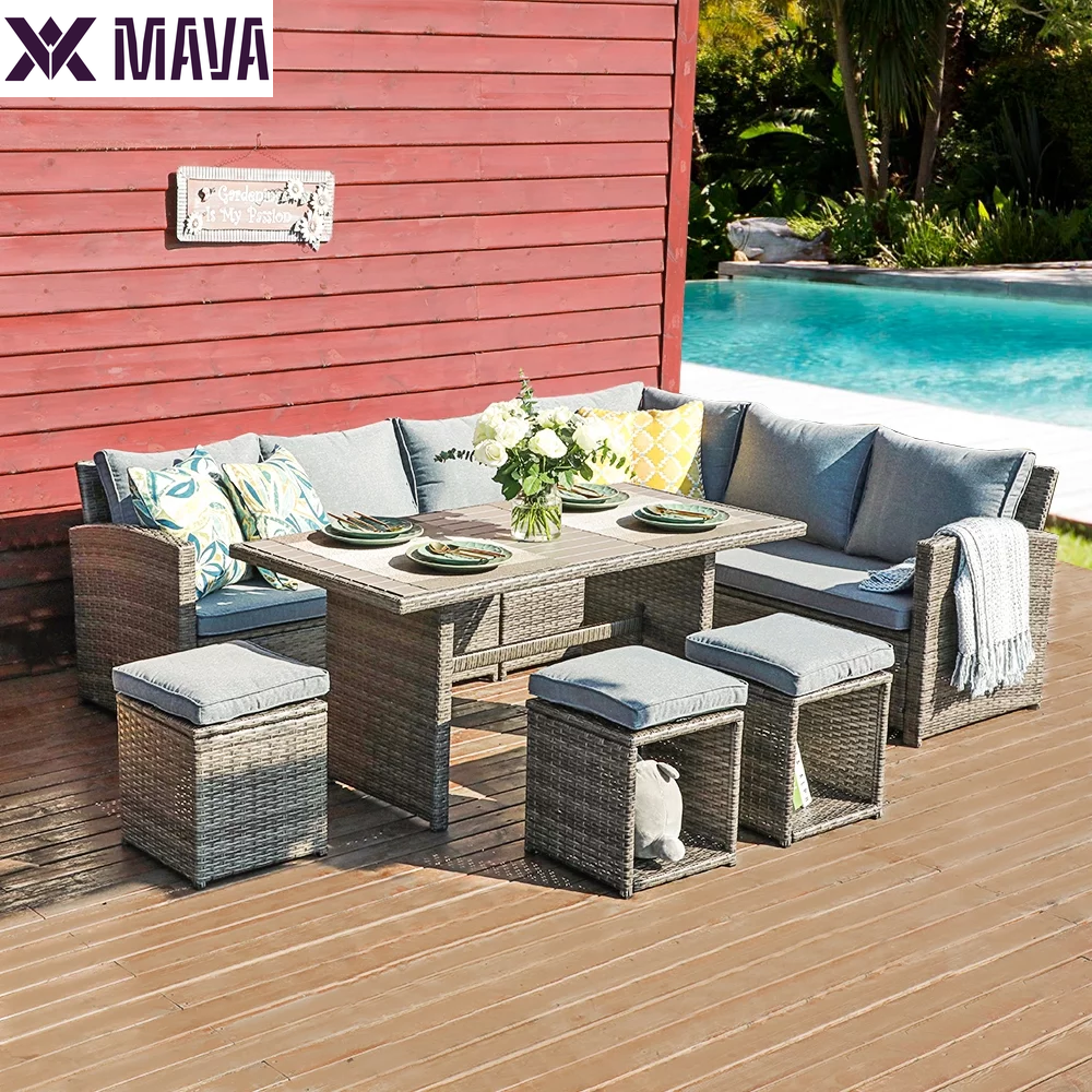 MAVA 7 Pieces PE Rattan Wicker Dining 9 Sofa Set, Outdoor Patio Furniture, Gray