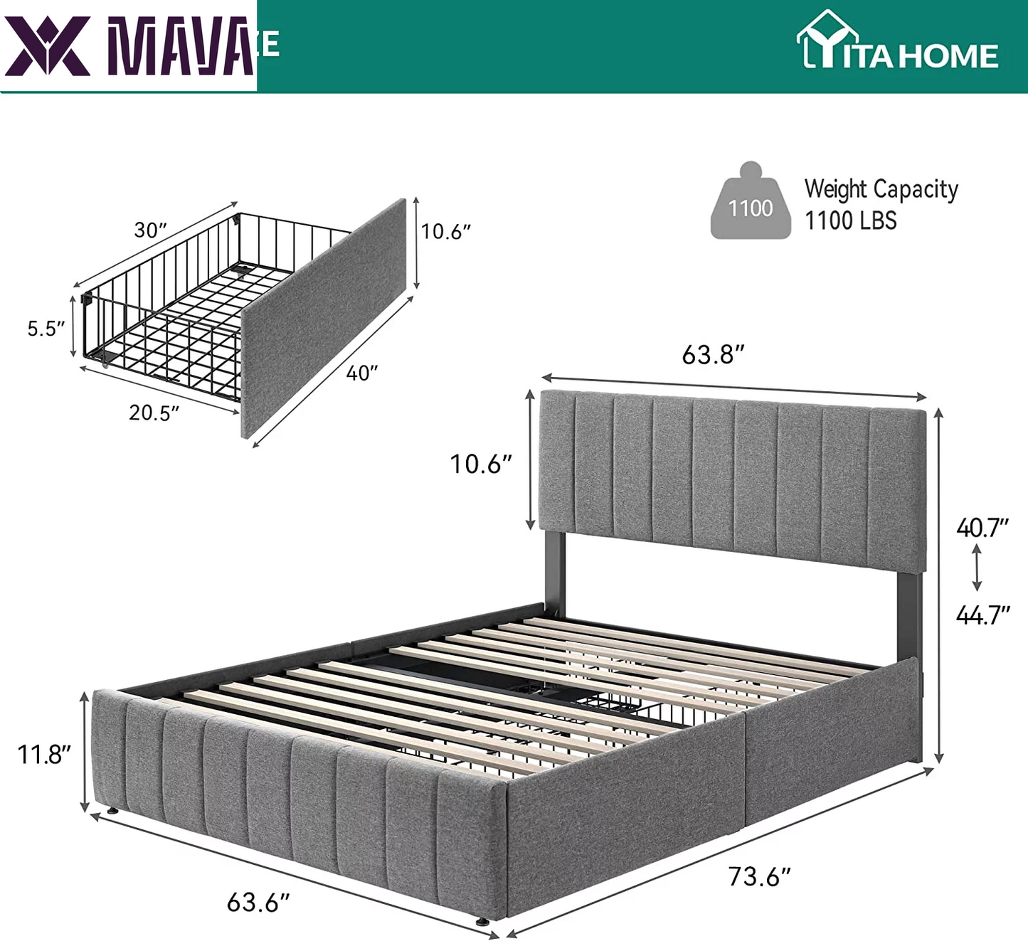 MAVA Upholstered Platform Bed Frame with 4 Storage Drawers and Adjustable Headboard, Mattress Foundation with Sturdy Wood Slat Support, No Box Spring Needed, Grey(Queen)