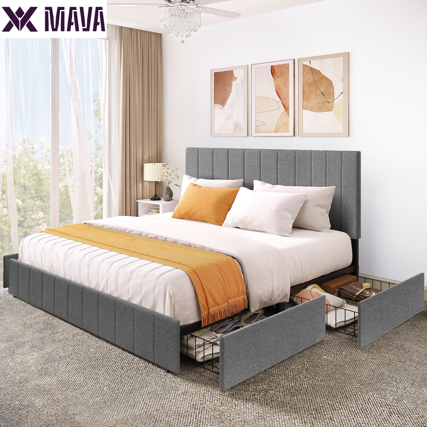 MAVA Upholstered Platform Bed Frame with 4 Storage Drawers and Adjustable Headboard, Mattress Foundation with Sturdy Wood Slat Support, No Box Spring Needed, Grey(Queen)