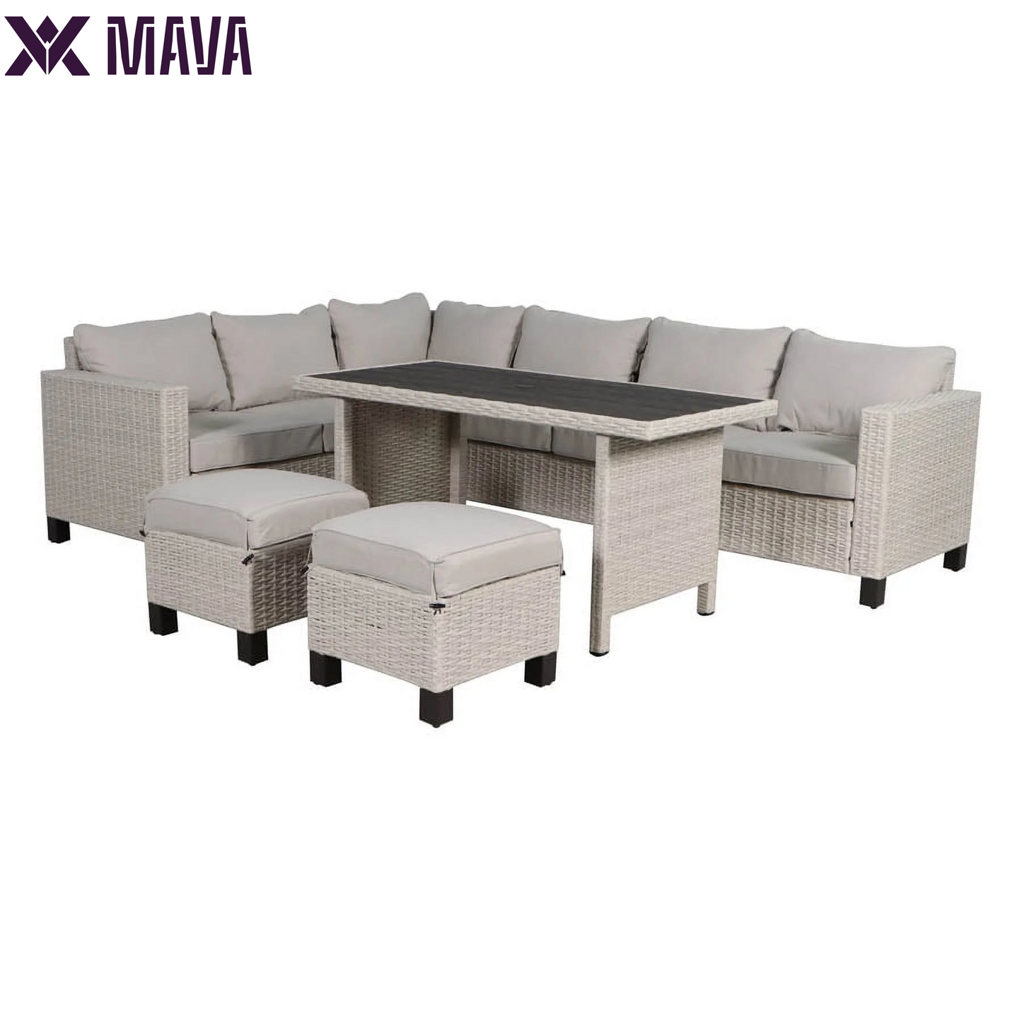 MAVA 5 Piece Wicker Outdoor Sectional Dining Set - Light Gray/ Beige