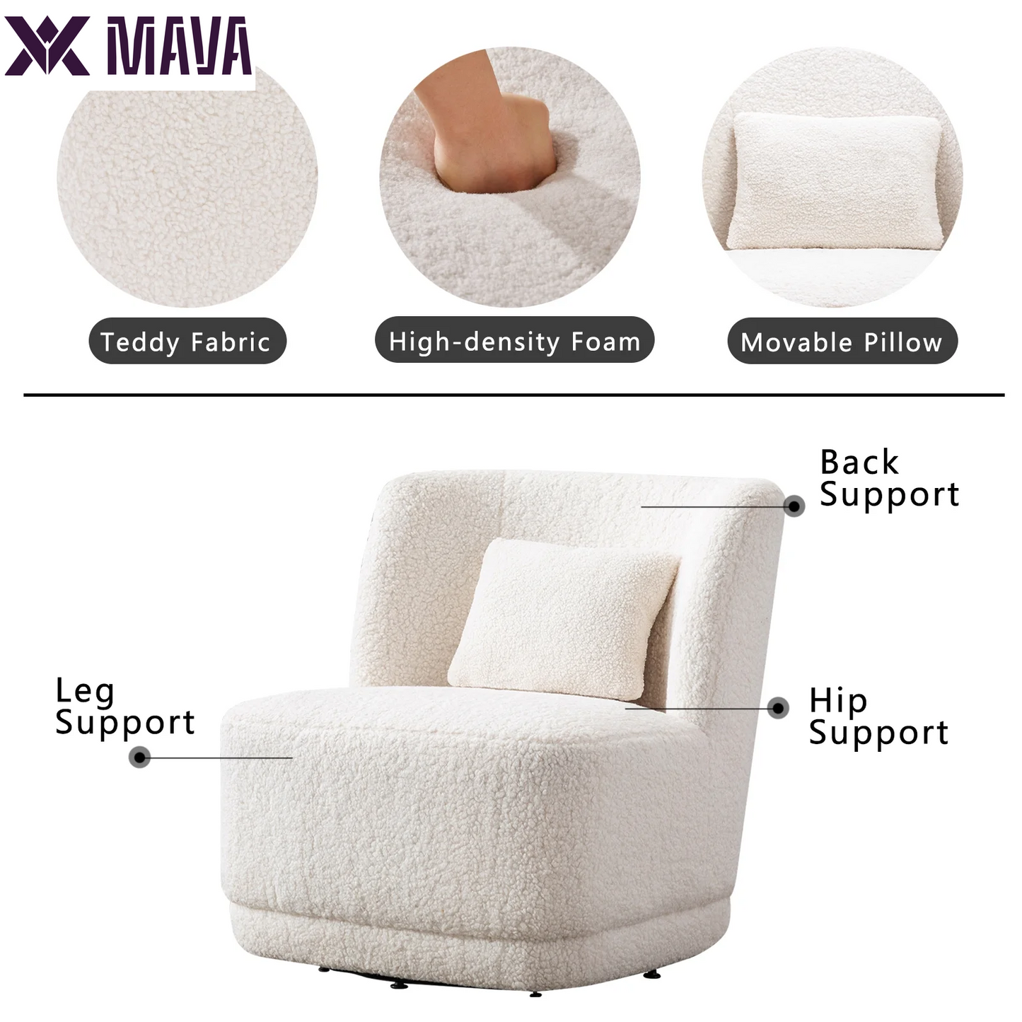 MAVA Swivel Accent Chair, Modern Teddy Fabric Upholstered 360°Swivel Barrel Chair Leisure Chair, Comfy Single Sofa Chair with Pillow, Reading Chair for Living Room Bedroom Office Lounge, White