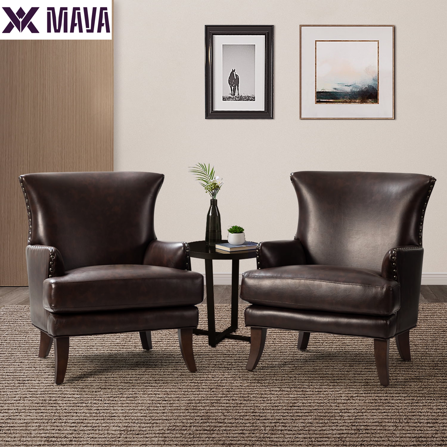 MAVA Vegan Leather Accent Chair Wingback Tight Back Nailhead Trim Wood Legs Lounge Armchair Sofa Home Living Room Adult Brown