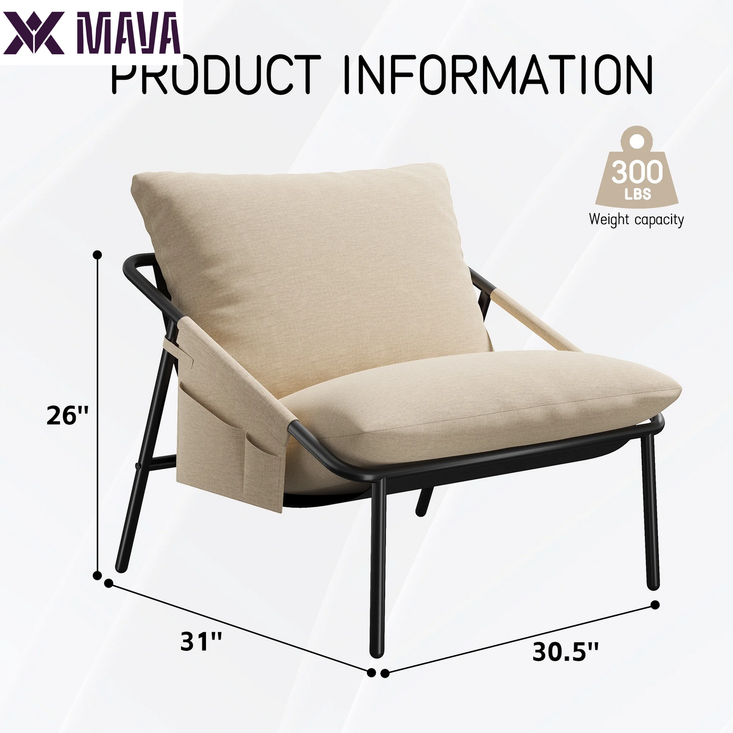 MAVA Accent Chair, Modern Comfy Metal Framed Armchair with Side Pockets, Mid-Century Lounge Chair for Living Room Bedroom Reception Room - Beige