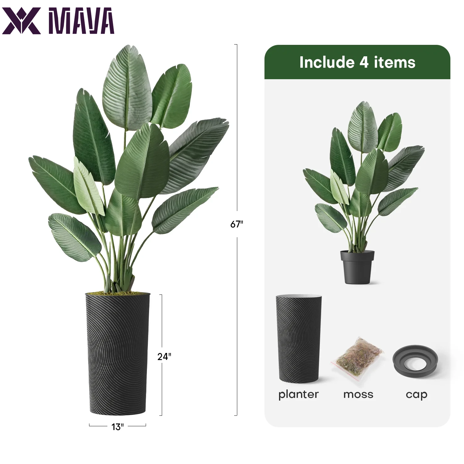 MAVA Artificial Tree in Geometric Spiral Pattern Planter, Fake Bird of Paradise Silk Tree for Indoor and Outdoor Home Decoration - 67" Overall Tall (Plant Pot plus Tree)