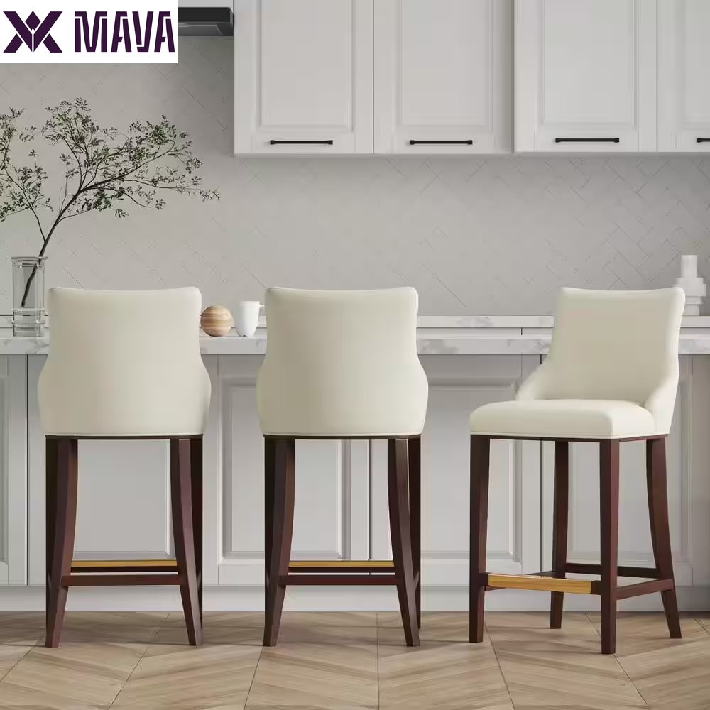 MAVA 29.13 In. Light Grey Beech Wood Bar Stool with Leatherette Upholstered Seat (Set of 3)