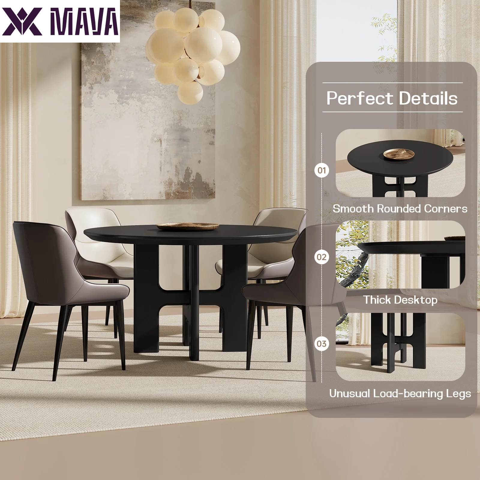 MAVA 45.27" round Dining Table, Black Kitchen Table, Modern Dining Table for Dining Room, Kitchen