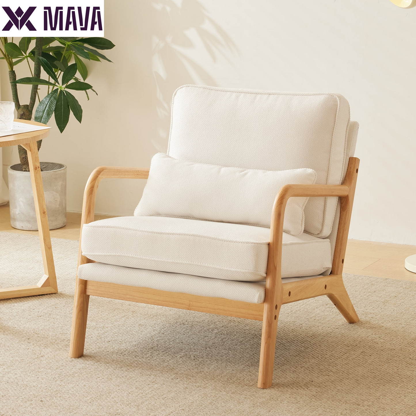 MAVA Modern Arm Chair Linen Fabric Upholstered Comfy Reading Accent Chair with Solid Wood Frame Beige