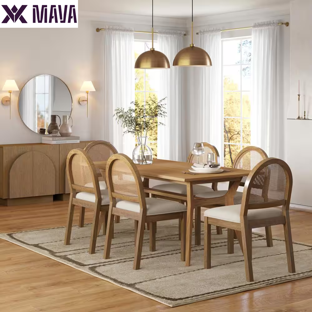 MAVA 19 In. Light Brown Natural Woven Rattan Back and Solid Wood, Legs Dining Chair with Padded Seat