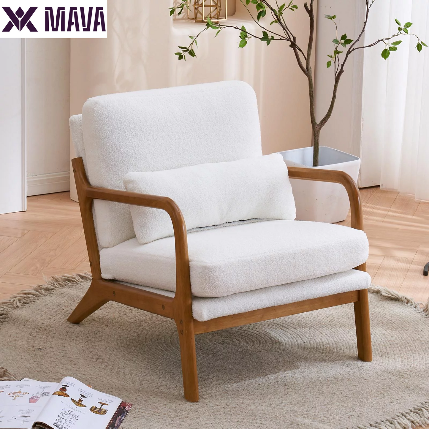 MAVA Modern Arm Chair Linen Fabric Upholstered Comfy Reading Accent Chair with Solid Wood Frame Beige