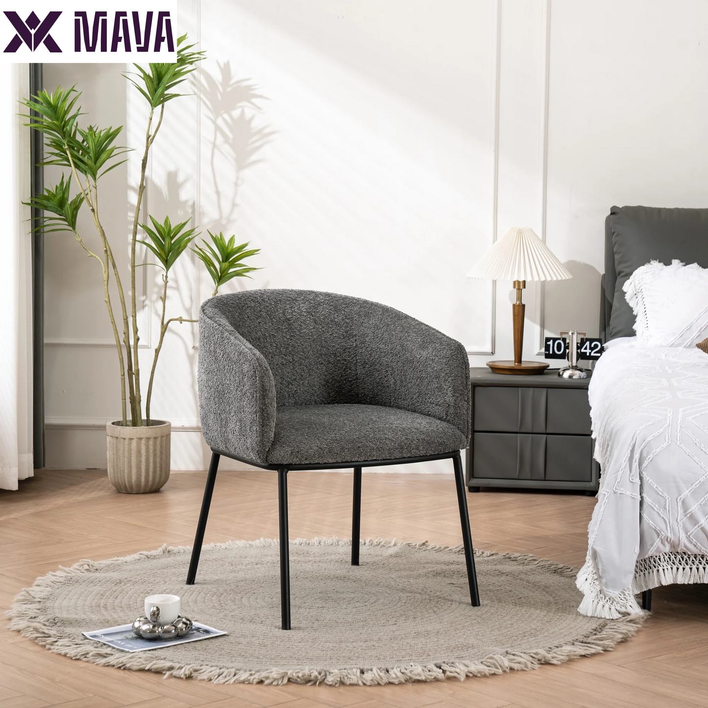 MAVA Boucle Barrel Accent Chair for Living Room Bedroom Dining Room, Upholstered, Modern (White)