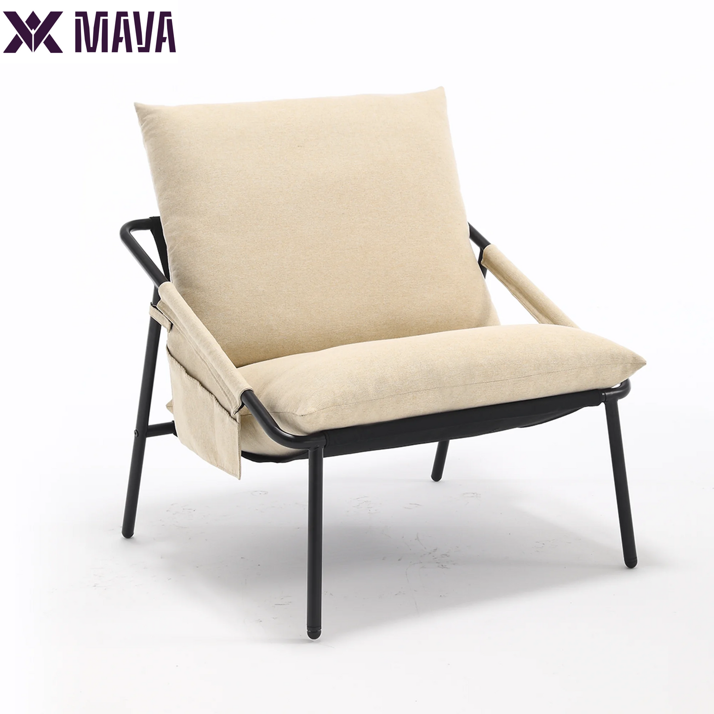 MAVA Accent Chair, Modern Comfy Metal Framed Armchair with Side Pockets, Mid-Century Lounge Chair for Living Room Bedroom Reception Room - Beige