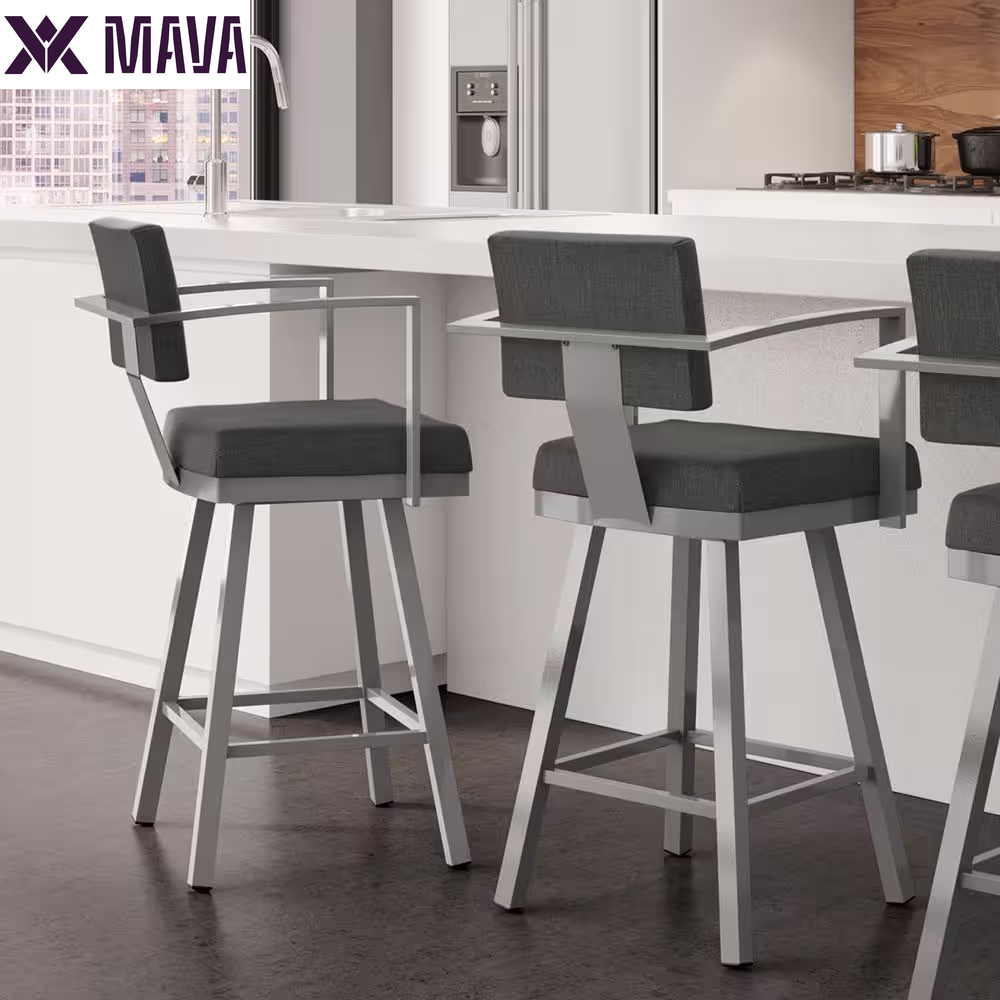 MAVA 26 In. Matt Light Grey Metal Beige Polyurethane Counter Stool