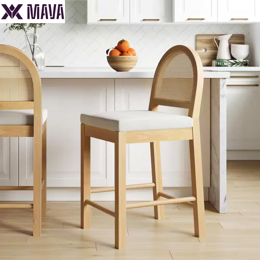 MAVA 19 In. Light Brown Natural Woven Rattan Back and Solid Wood, Legs Dining Chair with Padded Seat