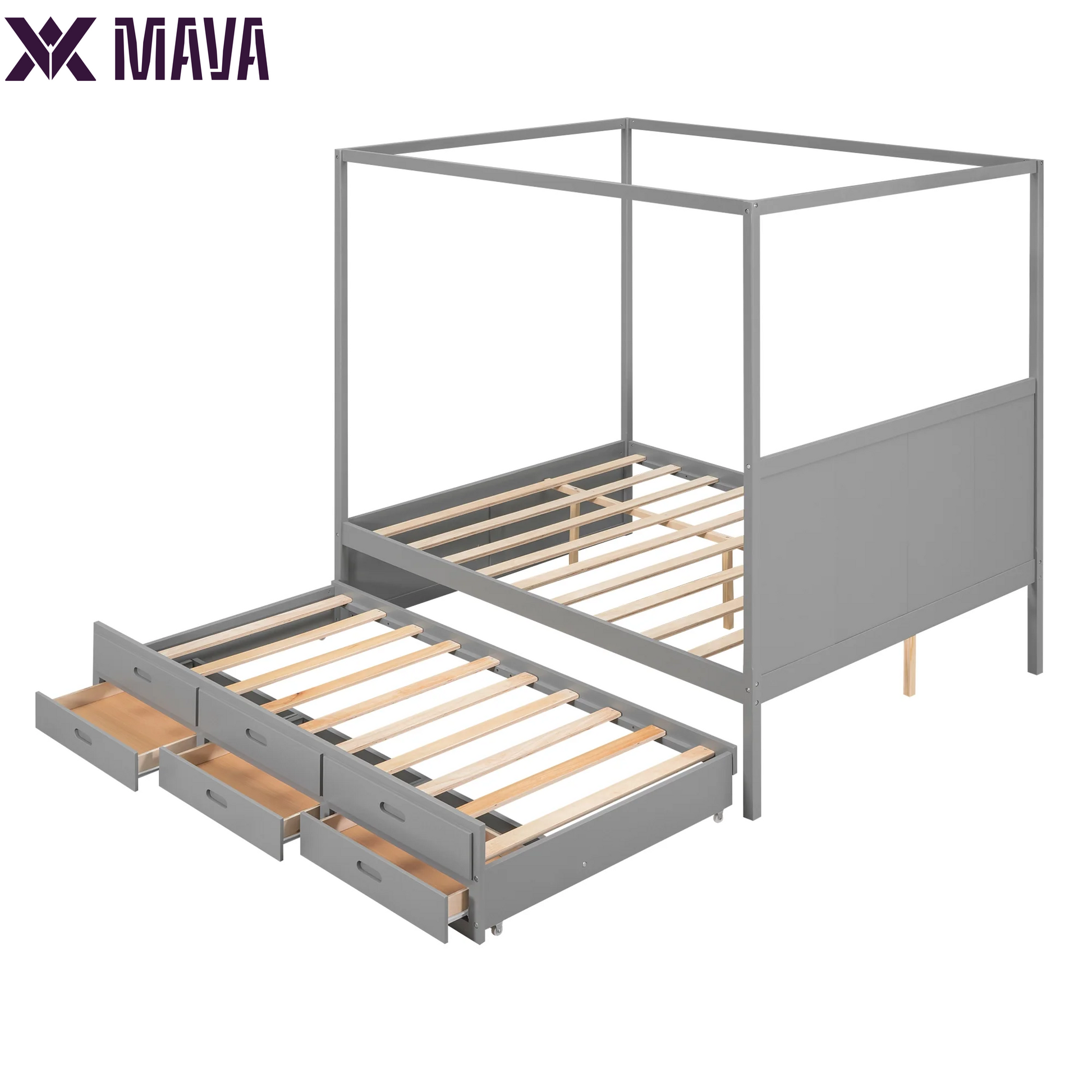 MAVA Queen Size Canopy Platform Bed with Trundle Bed and Drawers, Solid Wood Canopy Bed Frame with 3 Storage Drawers, Gray