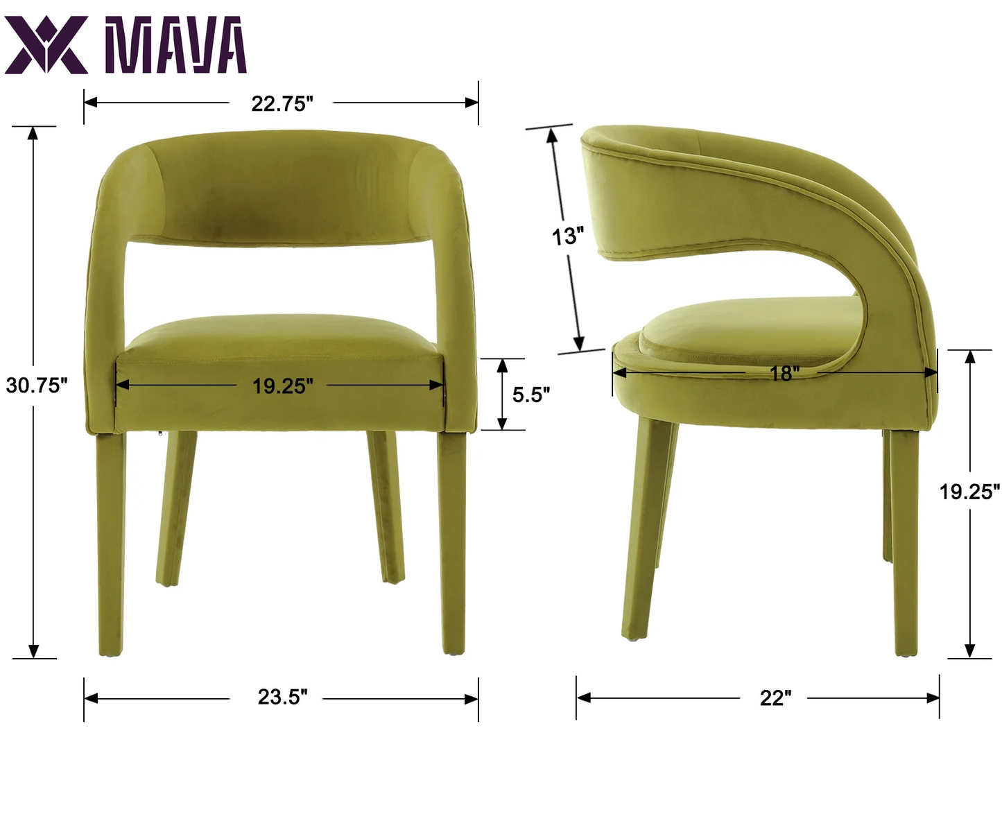 MAVA Modern Dining Chairs Set of 2, Velvet Upholstered Barrel Kitchen Chairs with Open Back, Lovely Dresser Chair, Comfy Dining Side Chairs for Dining Room Bedroom Living Room, Green