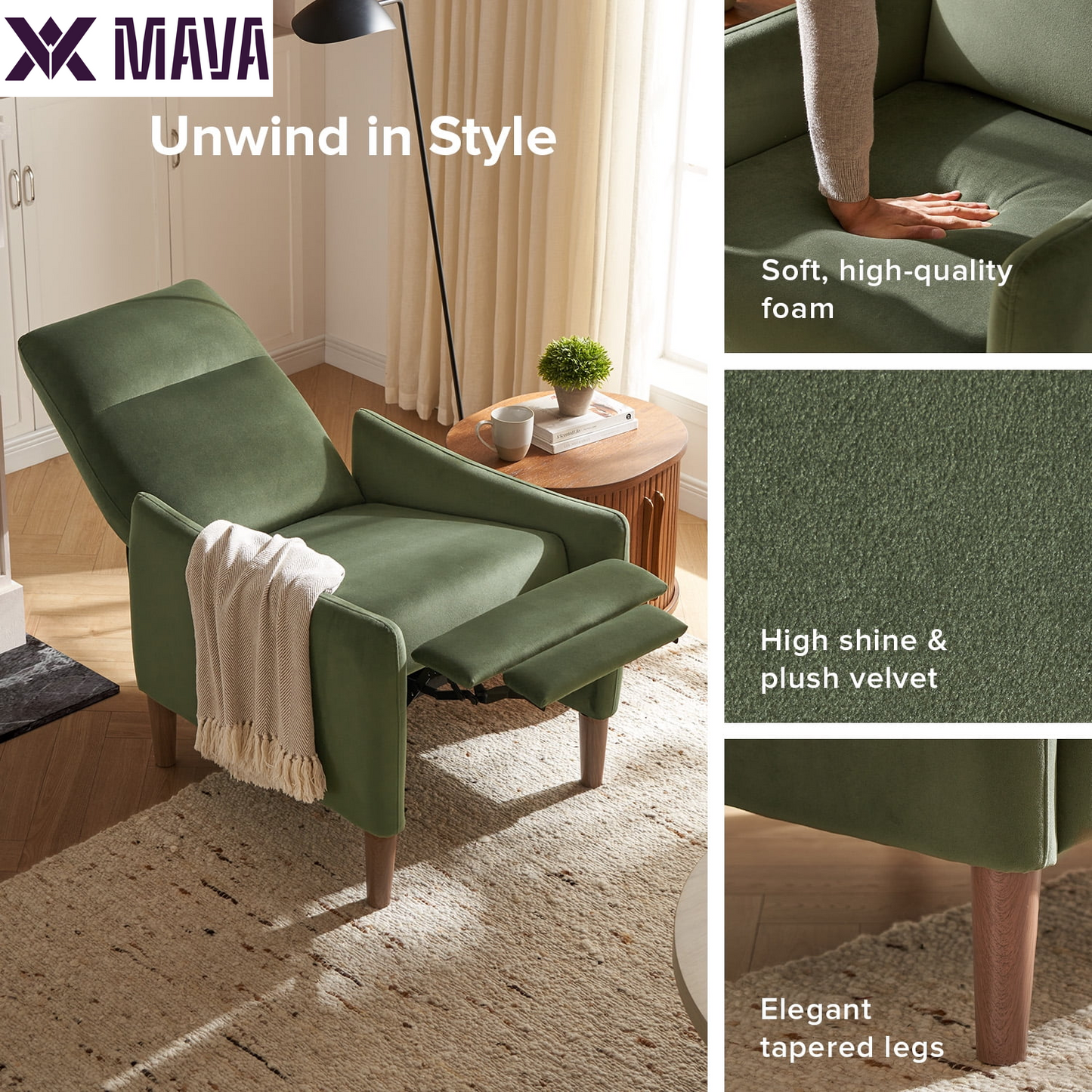 MAVA Recliner Chair with 3 Positions, Premium Velvet Accent Chair, Mid Century Modern Reading Chair, High Back Padded Support Comfy Sleeper Armchair, Nursery Chair for Living Room, Bedroom