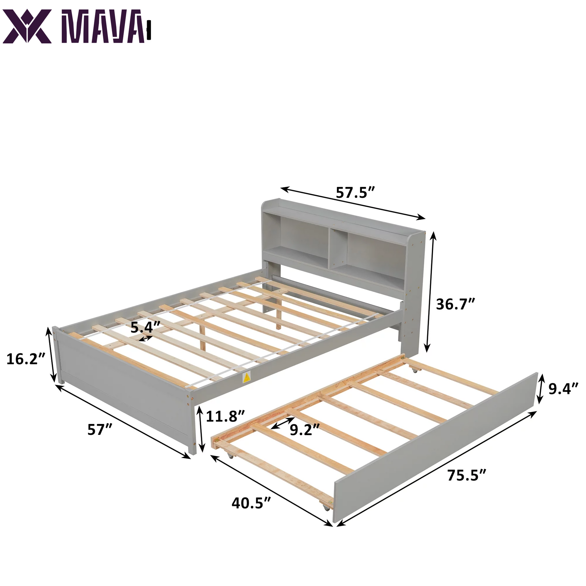 MAVA Wood Full Size Bed with Trundle & Bookcase Headboard for Kids, Gray