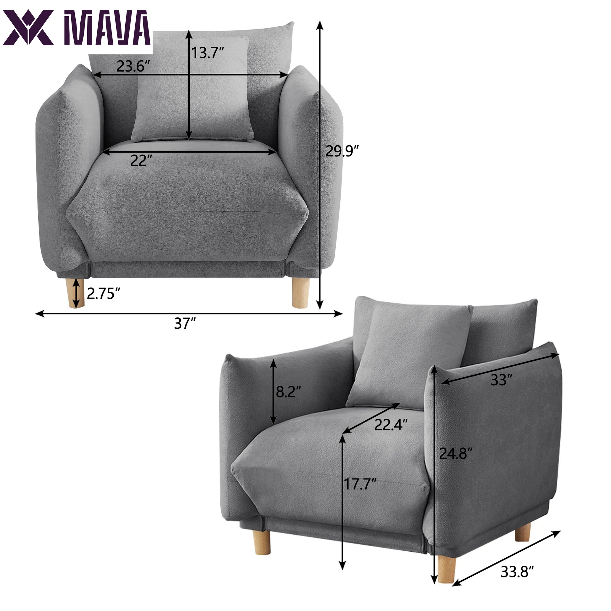 Oversize Accent Chairs for Living Room,Comfy Towelling Fabric Upholstered Armchair,Mid Century Modern Reading Arm Chair Single Sofa Chair with Solid Wood Legs for Living Room Bedroom Playroom,Gray