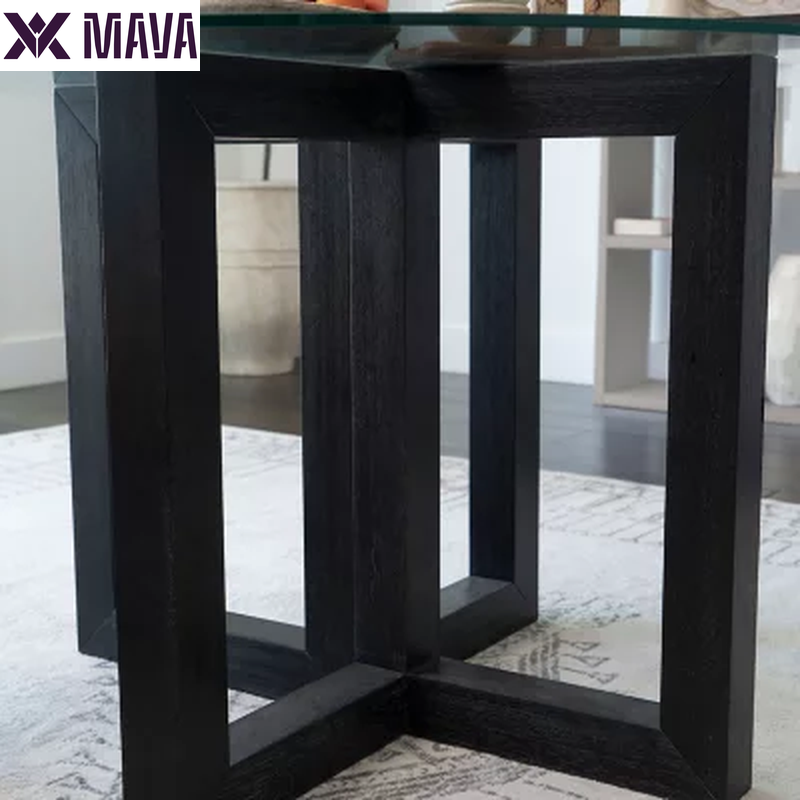 MAVA Glass Top Dining Table with Wood Base