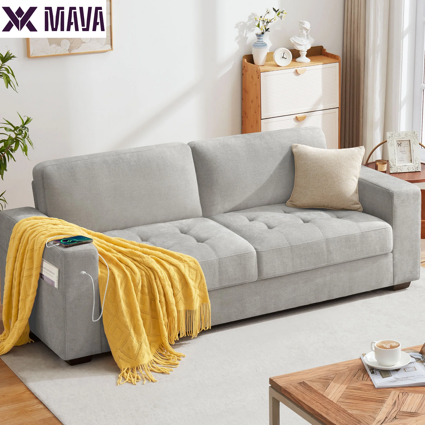 MAVA 89'' Comfy Sofa Couch for Living Room, Modern Deep Seat Couch with Wide Armrest, Removable Cover, Chenille Fabric Couches for Small Space, Apartment, 3 Seater(Beige)