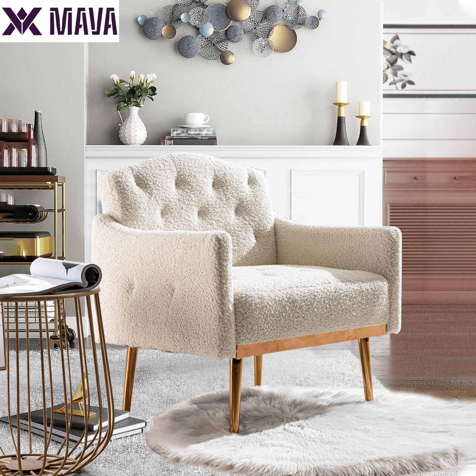 MAVA Modern Accent Chair, Upholstered Single Sofa Chair Sherpa Arm Chair for Living Room and Bedroom, Comfy Armchair with Metal Legs, White