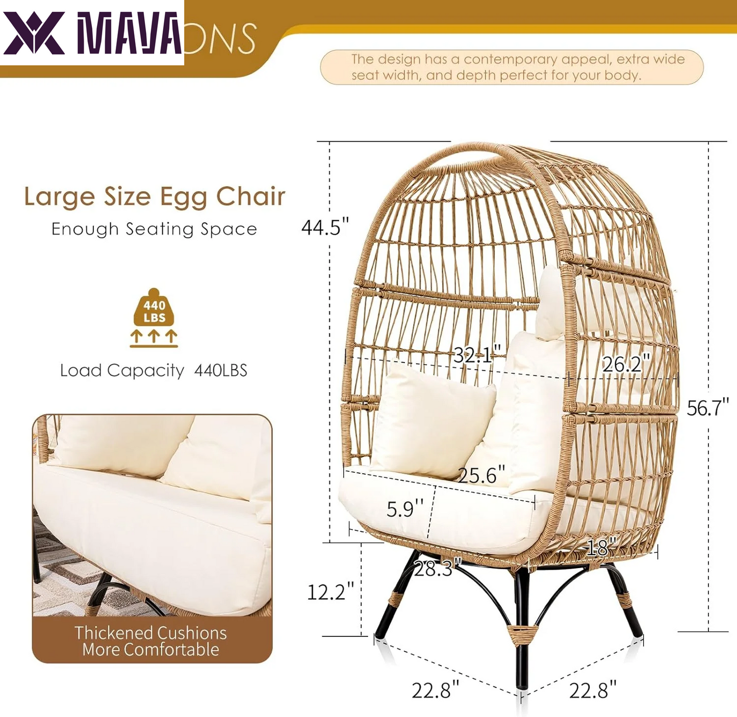 MAVA Outdoor Patio Lounge Chair Boho Stationary Wicker Yellow Egg Chair for Indoor Living Room 440Lb