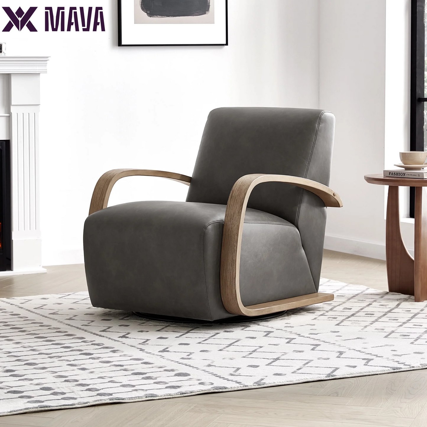 MAVA Swivel Accent Chair with U-Shaped Wood Arm for Living Room Beedroom, Linen & Gray Wood