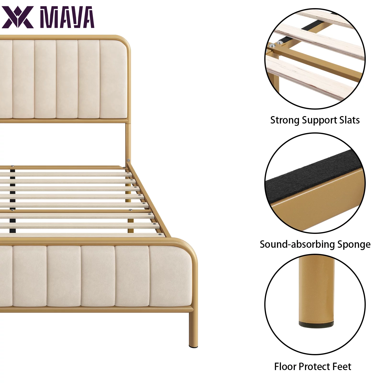 MAVA King Size Bed Frame, round Metal Tube Heavy Duty Bed Frame with Tufted Upholstered Headboard, Gold and Beige