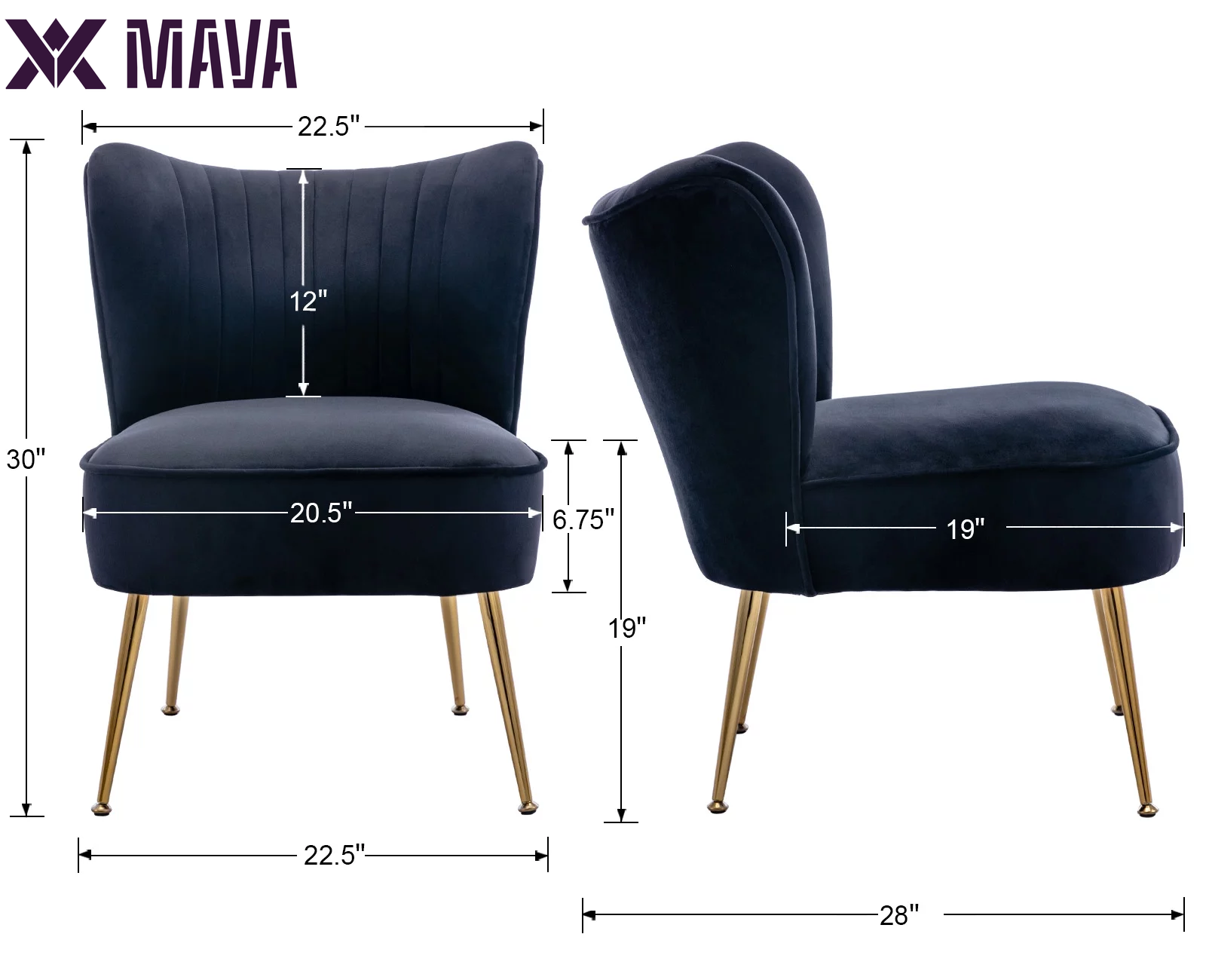 MAVA Modern Accent Chair Set of 2, Armless Slipper Chair Velvet Upholstered Lounge Chair, Wingback Large Single Sofa Side Chair with Gold Legs for Living Room Bedroom, Black